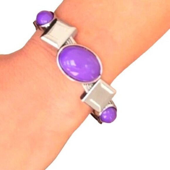 Silver Purple Hinged Cuff Bangle Bracelet Bold Oval Beads Antiqued Silvertone - Picture 3 of 6